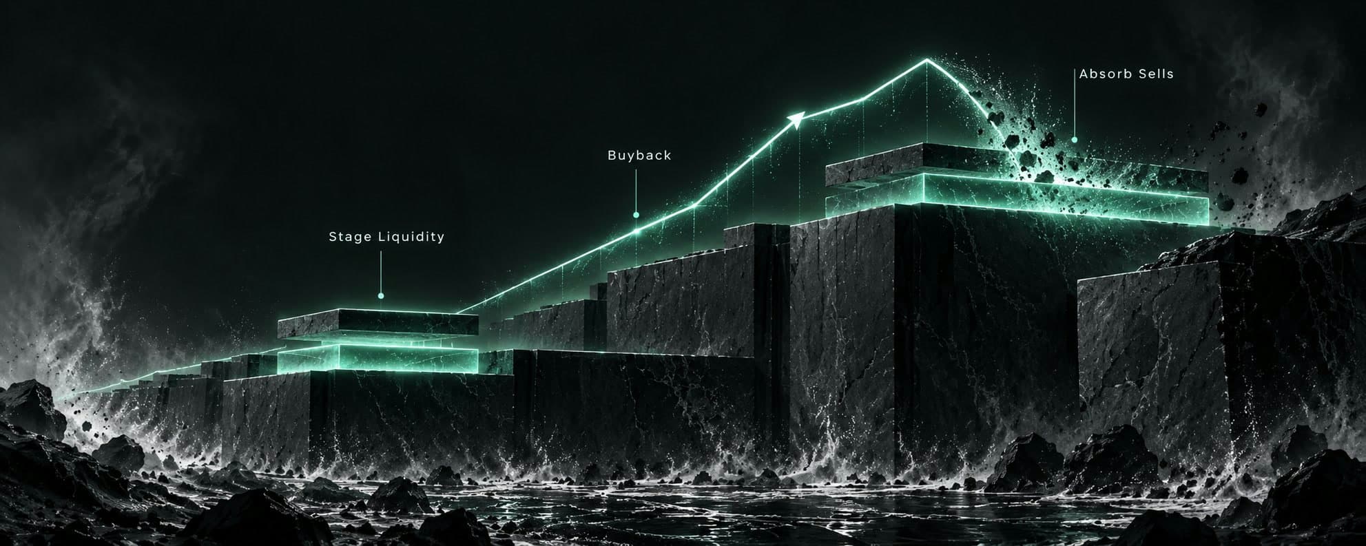 A black marble sea wall. A glass slab of liquidity is staged on the left, a glowing price line climbs through a buyback, and a falling line is absorbed by a slab on the right.