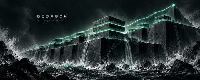 BEDROCK. Every buy builds the floor. A black marble sea wall with a glowing emerald edge.