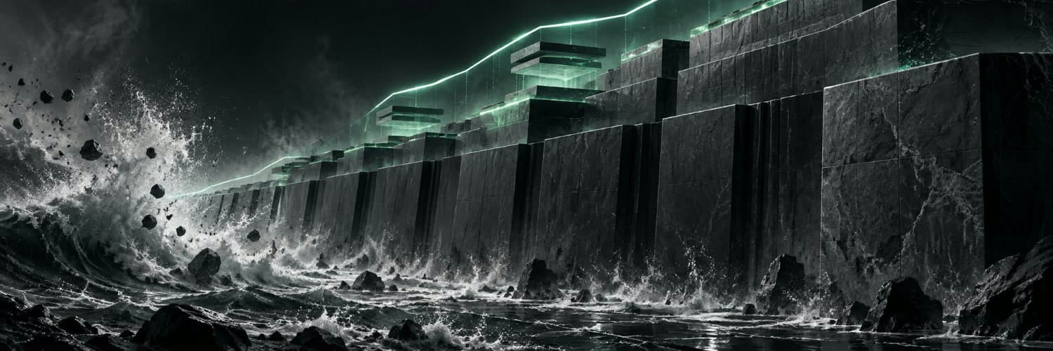 Storm waves breaking against the black marble sea wall, its glowing edge climbing to the right.