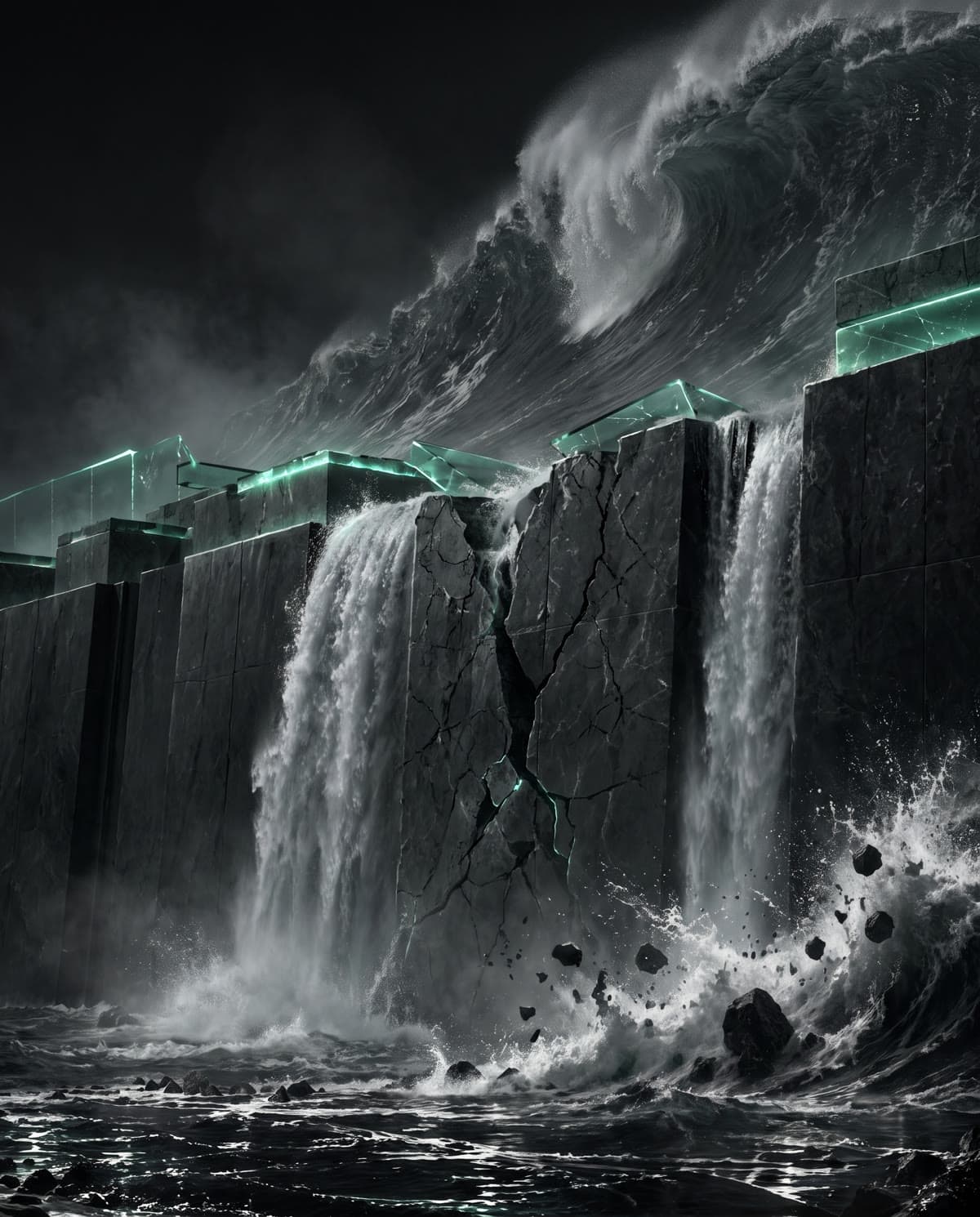 A giant wave pours over a lower, cracked section of the black sea wall.